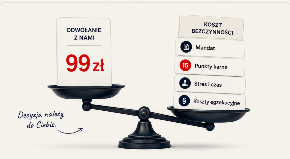 Waga: po jednej stronie odwołanie za 99 zł, po drugiej mandat, punkty karne, stres i koszty egzekucyjne